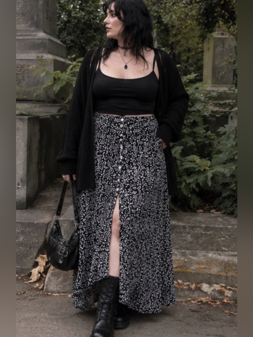 Rachel Zoe • Black & White • Floral • Front Slit • Button-Front • Maxi Skirt